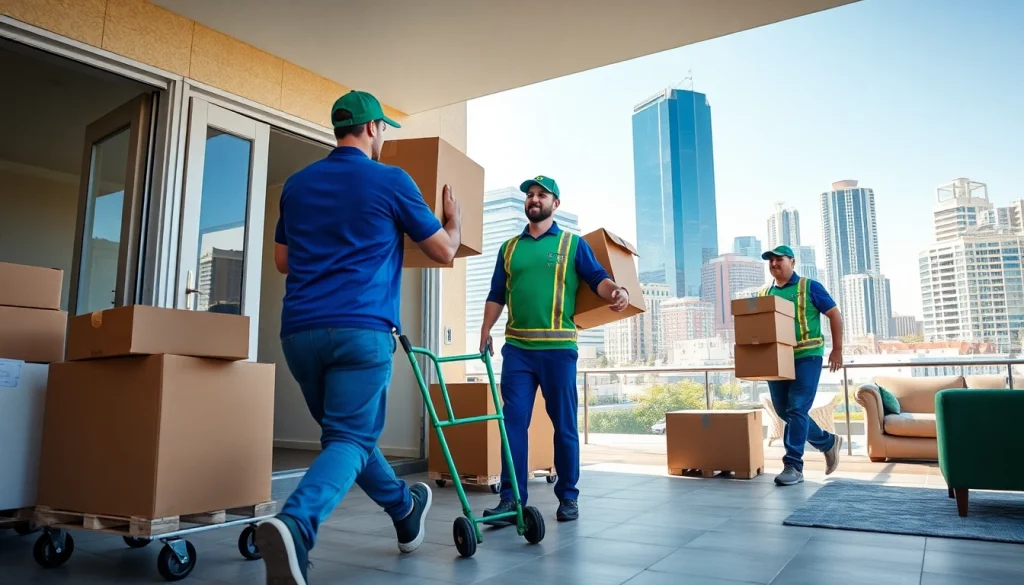 Calgary movers efficiently transporting boxes with a city backdrop, showcasing teamwork and professionalism.