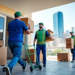 Calgary movers efficiently transporting boxes with a city backdrop, showcasing teamwork and professionalism.