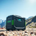 Utilize EcoFlow for outdoor adventures with a sleek solar generator in a picturesque mountain setting.