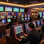 Patrons intensely analyzing betting odds at keonhacai8's upscale sports lounge, showcasing live sports excitement.
