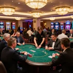 Engaging scene at a KJC global casino with players enjoying poker and vibrant ambiance.