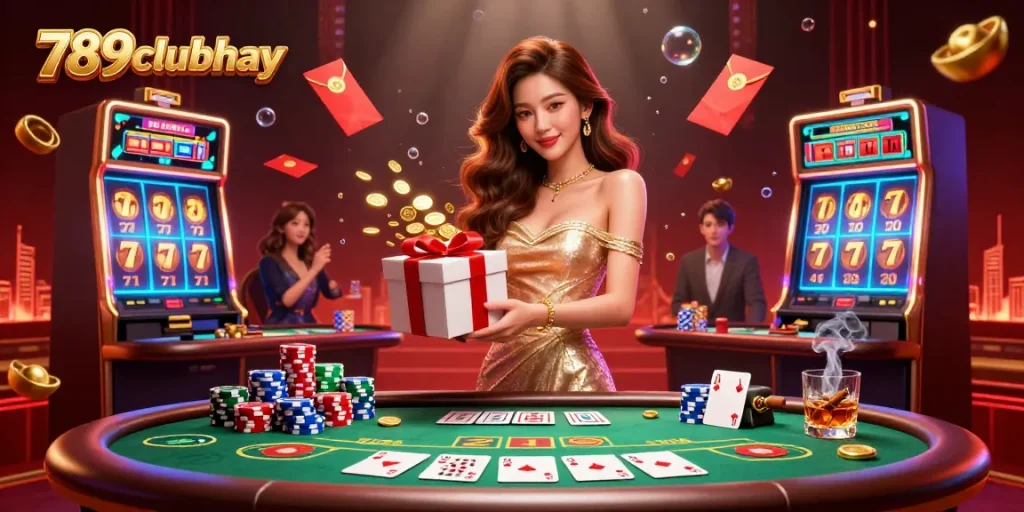 Win with 789clubhay in a dynamic casino scene featuring festive Lunar New Year decorations and slot elements.