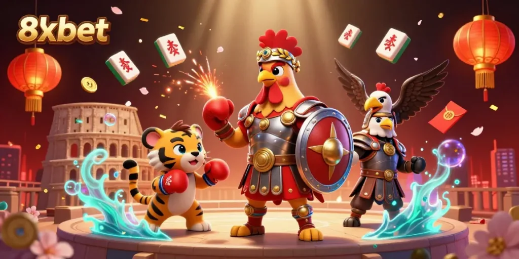Engage with the thrilling 8xbet experience, featuring a gladiator rooster in a dynamic casino scene.