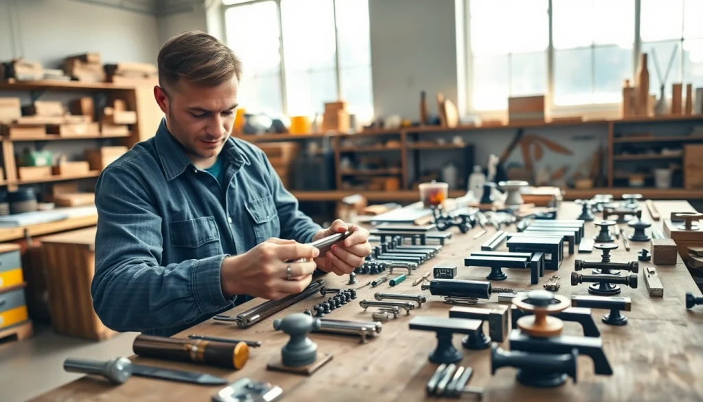 Crafting components by furniture hardware manufacturers in a bright, professional workshop.