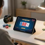 Player enjoying poker on f8bet tablet with betting strategies in a cozy home office atmosphere.
