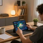 Engage with the LOTO188 LINK MỚI interface on a tablet in a cozy home setup, showcasing a responsible gaming atmosphere.