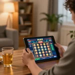 Engaging in slot paris gameplay on a tablet in a cozy, inviting home setting.