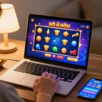 Engaging online gaming scene featuring a player enjoying nổ hũ đổi thưởng on a laptop in a cozy setting