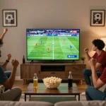 Excited fans enjoying a live football match on LuongSonTV in a cozy setting.