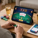 Player enjoying cm88 online poker app on a tablet, with chips and strategy notes around.