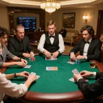 Players at an exclusive poker game in a luxurious setting, highlighting competitive atmosphere and strategic betting with 789 chips.