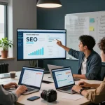 Team of digital marketers discussing group buy SEO tools in a modern workspace with analytics displays.
