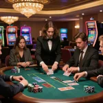Engaged players at a blackjack table showcasing strategy in a luxury casino atmosphere, featuring j88 chips.