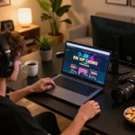 Engaged player using rik vip online casino on laptop during a cozy home gaming session