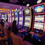 Players enjoying vibrant slot machines at 789 casino, surrounded by flashing lights and excitement.