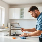 Skilled plumber near me repairing a sink in a bright kitchen, showcasing professional tools.
