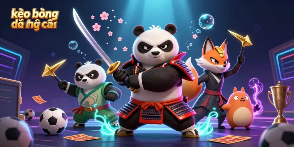 Engage with kèo bóng đá nhà cái through a colorful illustration of a samurai panda and ninja fox.