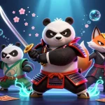 Engage with kèo bóng đá nhà cái through a colorful illustration of a samurai panda and ninja fox.