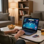 Engaged player using rikvip app on poker laptop in cozy home setting for responsible gambling.