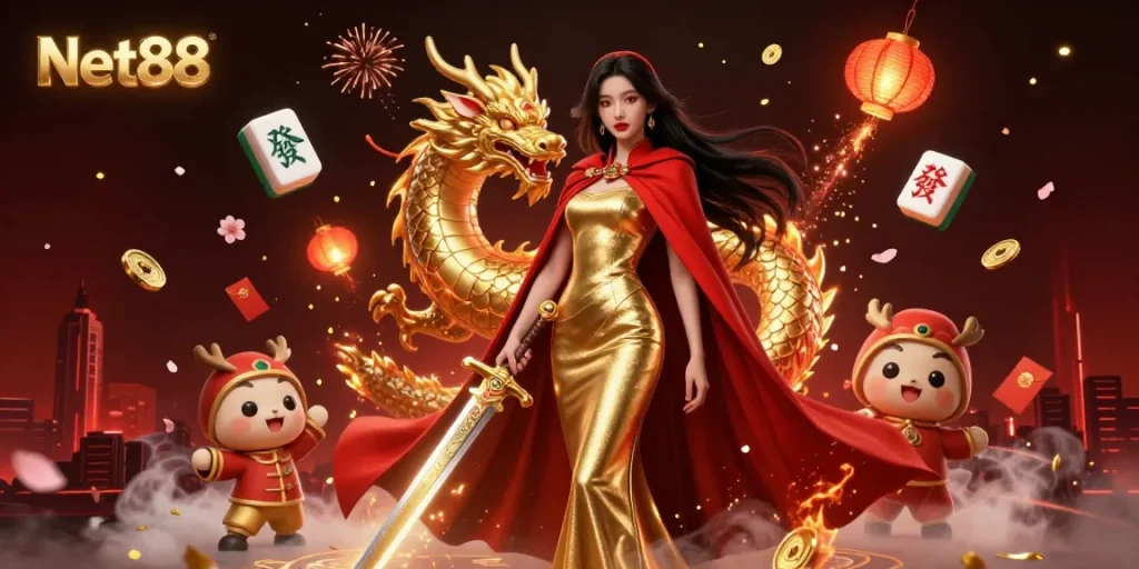 Experience thrilling gameplay at Net88 with a warrior queen surrounded by festive elements and casino themes.