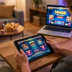 Engaging gaming moment with MM88 brand interface showcased on a tablet during a home gambling session
