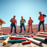 Roofing company team performing a repair project with vibrant materials