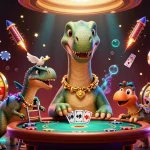 Experience thrilling games at luongsontv60 with a giant brontosaurus and raptor dealers in a vibrant casino scene.