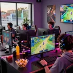 LUCK8 players enjoying an energetic online gaming session with vibrant graphics and snacks.