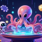 Engage in exciting gameplay at gmnc with a vibrant alien octopus and its robot companion at a poker table.