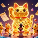 Nổ hũ đổi thưởng showcases a golden lucky cat amidst vibrant casino symbols and dynamic lottery elements.