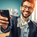 Sell My Old Phone For Cash - happy person exchanging phone for cash in a professional setting.