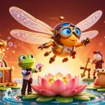 Experience the thrill of Lucky8 with a dragonfly pilot above a vibrant lily pad casino scene.