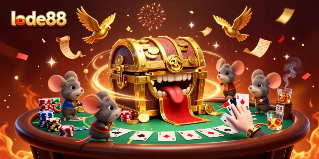 Experience thrilling wins at lode88 with adventurer mice drawn to riches in a vibrant casino scene.