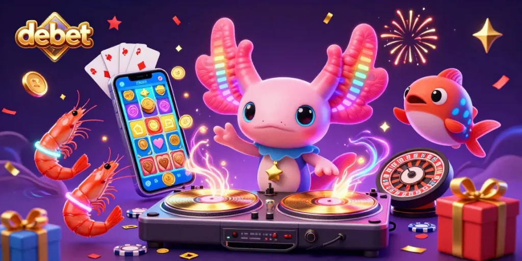 Engage in vibrant gaming fun with debet's colorful 3D axolotl DJ and lively underwater casino atmosphere.