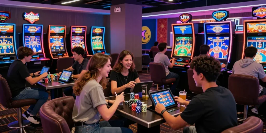 Players enjoying games at casinos that accept credit cards in a vibrant gaming lounge.