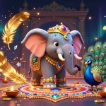 Engage with sky88's vibrant gaming world featuring a Diwali-themed elephant amidst dynamic casino elements.