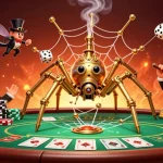 Experience thrilling gameplay at shbetcv with an intricate 3D illustration of a steampunk spider webbing poker chip nodes.