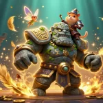 Experience thrilling wins at LV88 with a magical scene showcasing a golem, fairy, and knight amidst vibrant casino elements.