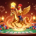 Experience excitement at okfun with a golden rooster in a vibrant casino scene, poker elements galore.