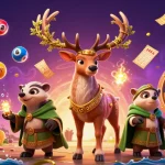 Engage in thrilling gameplay with EE88 featuring a cartoon stag and badger amid vibrant casino visuals.