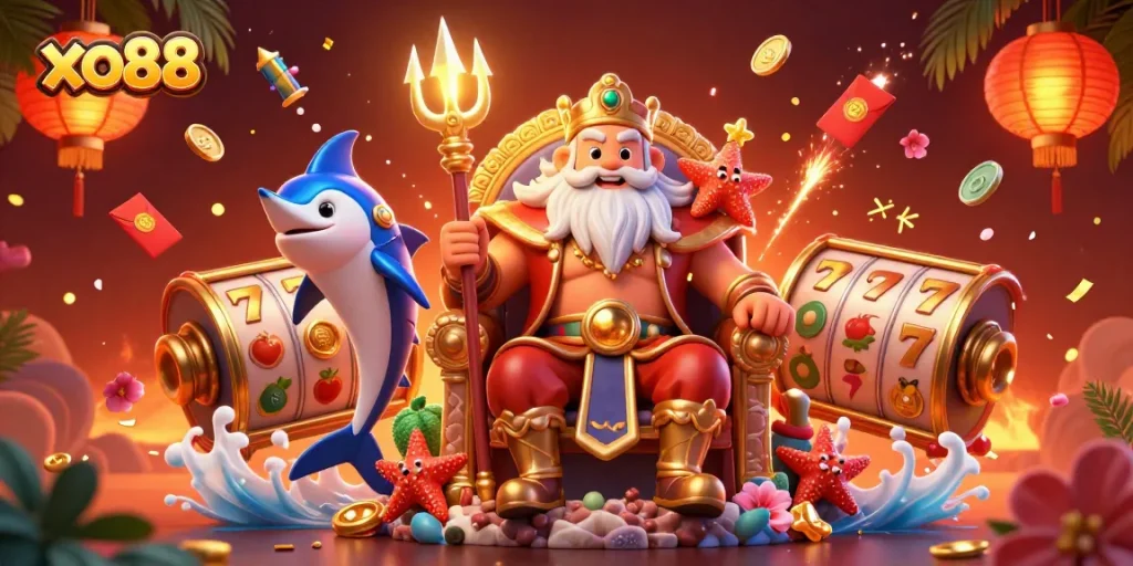 Experience the excitement of xo88 with vibrant 3D characters and casino elements in a detailed illustration.