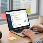 Engaging workspace showcasing the Telegram Web Version on a sleek laptop with vibrant city views.