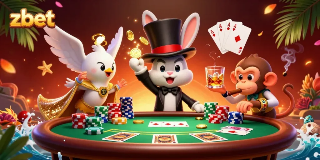 Zbet offers thrilling moments of magic and excitement with poker chips, golden coins, and vibrant characters.