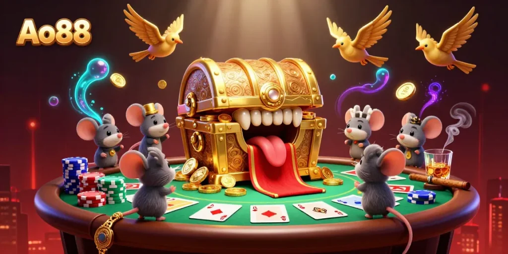 Experience vibrant adventure with Ao88's golden gaming treasures, poker chips, and thrilling gameplay.