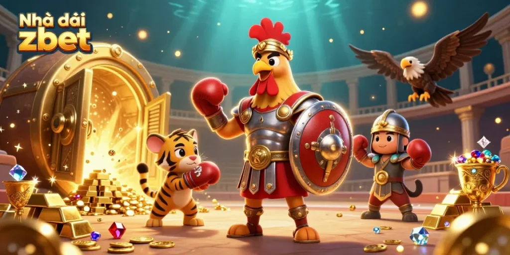 Experience the thrill of Nhà cái zbet with vibrant 3D characters and casino treasures in a colosseum arena.
