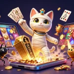 Win big at 888New featuring a cartoon mummy cat in a pyramid casino, bursting with action!