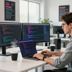 Focused software engineer coding at the WPS Official Website workspace, showcasing a modern tech setup with dual monitors.