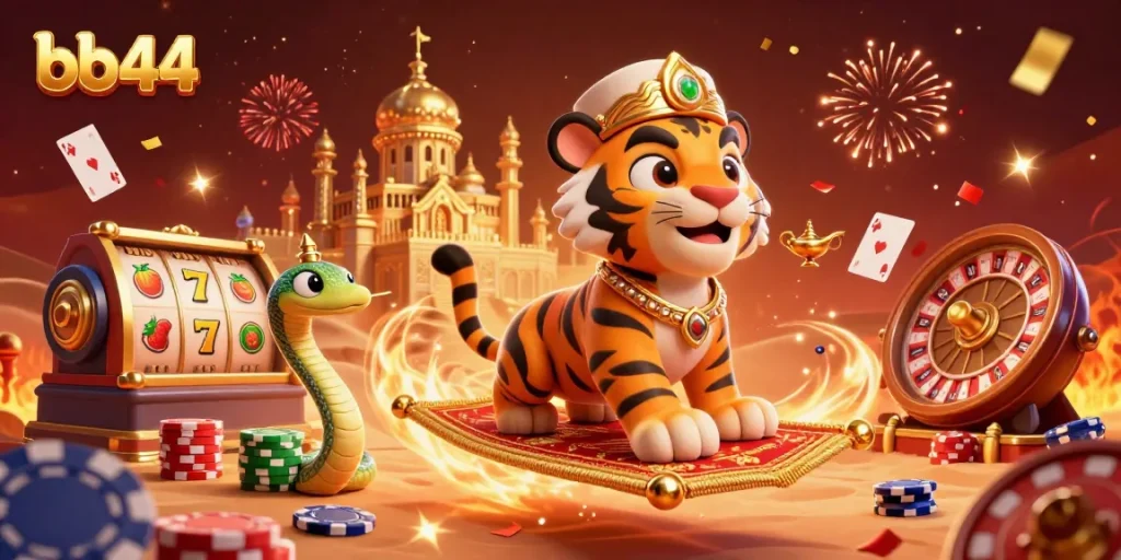 Experience thrilling casino action with bb44 in an ultra-detailed illustration of a sultan and magical elements.