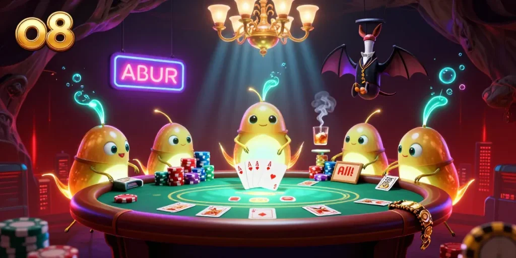 Play poker at O8's lively 3D casino illuminated by glowworms, showcasing vibrant gameplay elements.