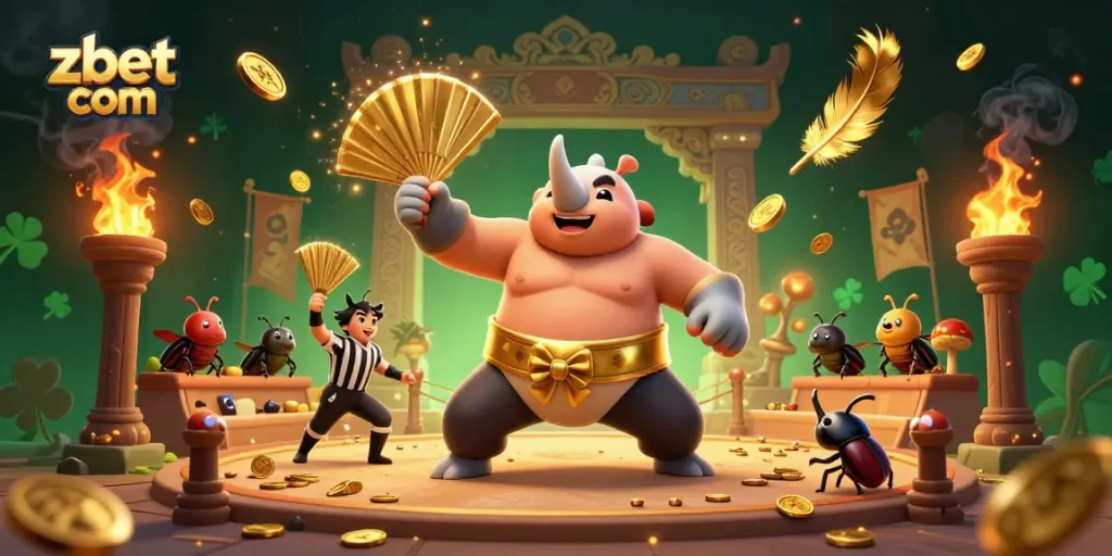 Engage with zbet com in a dynamic gambling arena featuring a sumo champion beetle and golden coins.